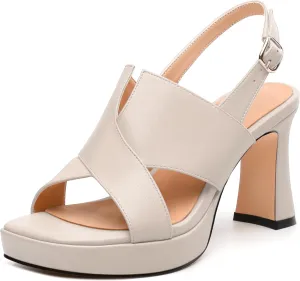 Womens Platform Sandals, Square Peep Toe Chunky Heel Ankle Strap Sandals for Women, Leather Insole Heeled Sandals with Buckle 3.3"
