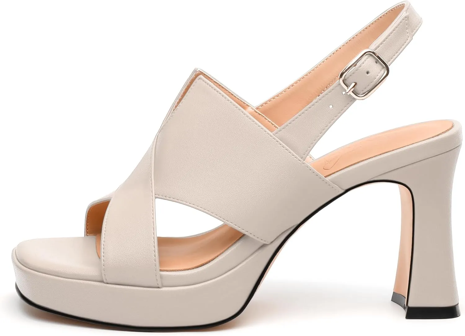 Womens Platform Sandals, Square Peep Toe Chunky Heel Ankle Strap Sandals for Women, Leather Insole Heeled Sandals with Buckle 3.3"
