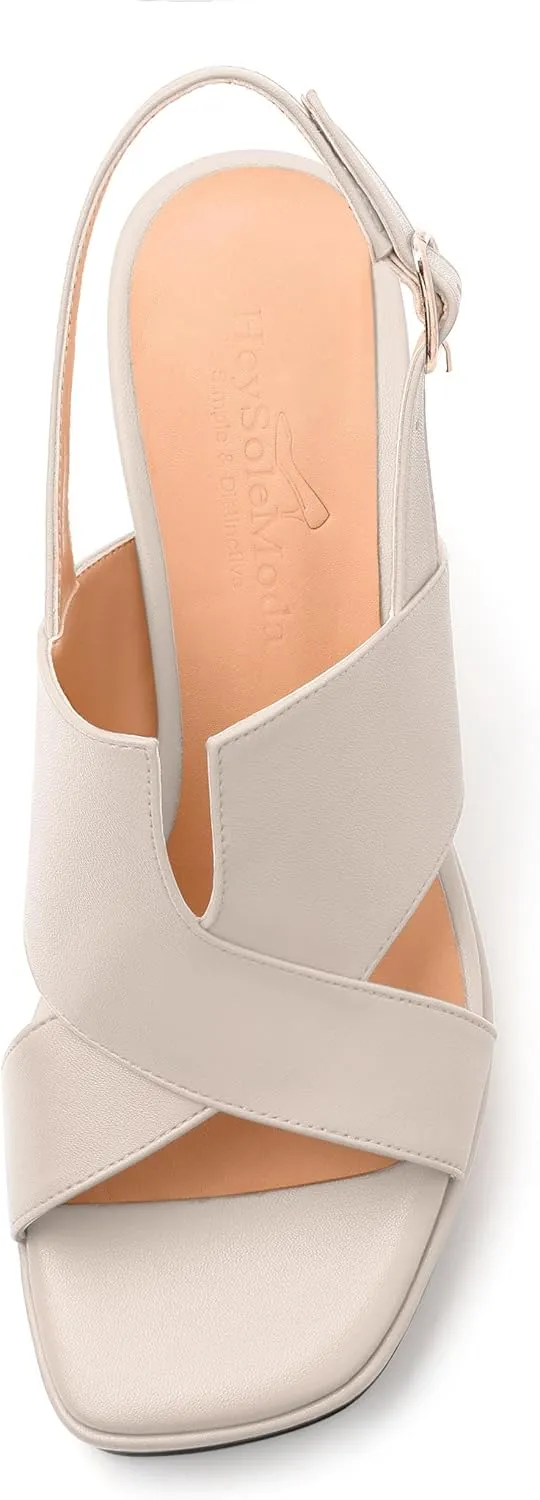 Womens Platform Sandals, Square Peep Toe Chunky Heel Ankle Strap Sandals for Women, Leather Insole Heeled Sandals with Buckle 3.3"
