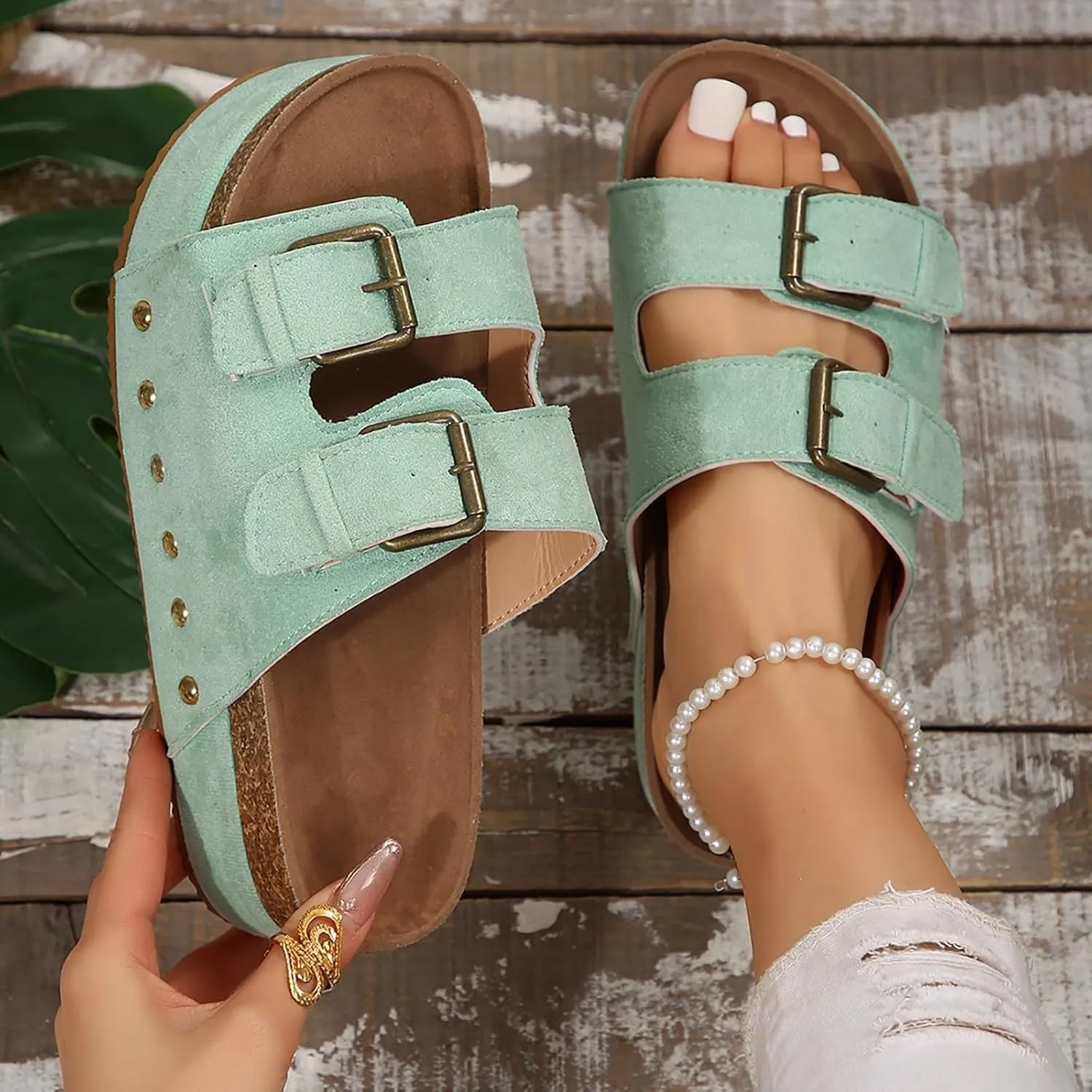 Women's Platform Slides Sandals,Comfortable Chunky Platform Slides for Women Double Buckle Adjustable Open Toe Slip On Summer Sandals