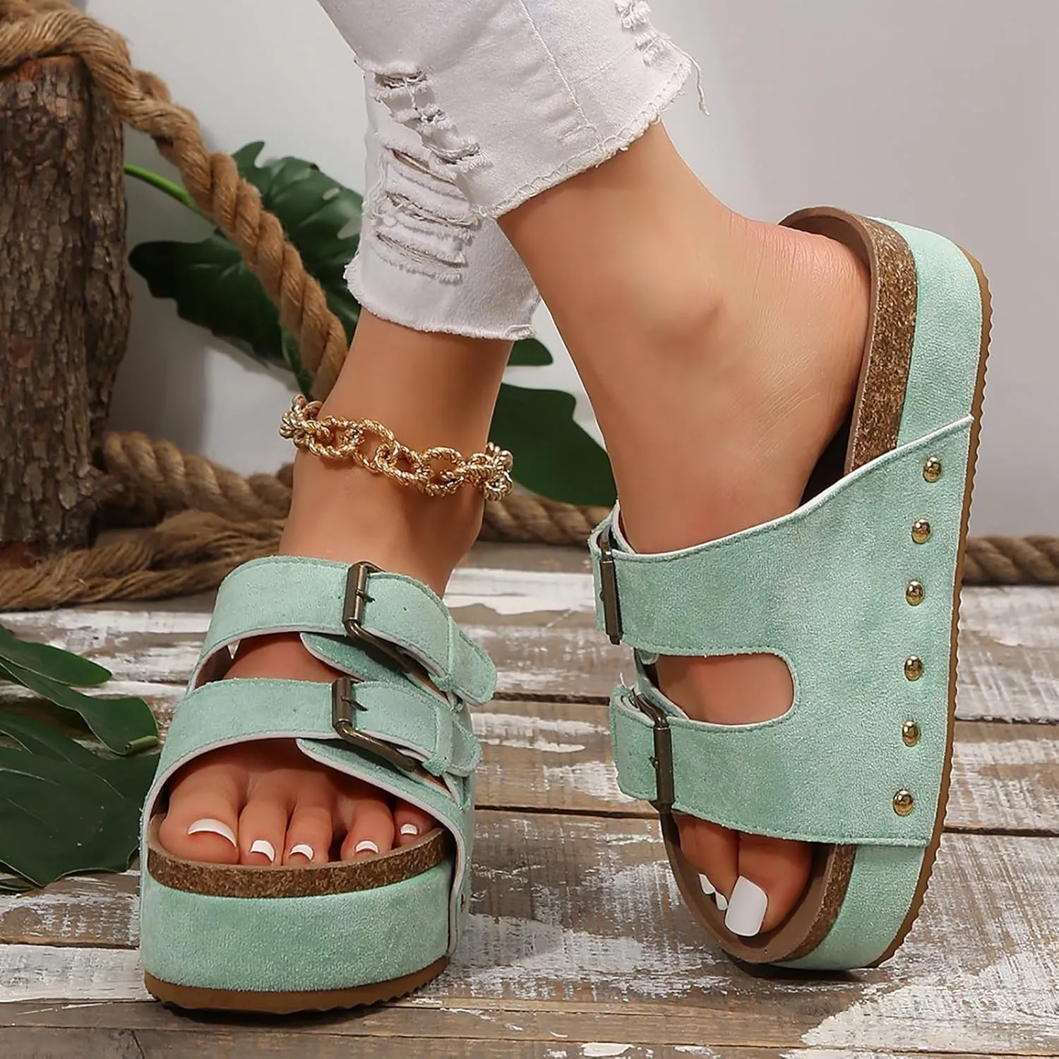 Women's Platform Slides Sandals,Comfortable Chunky Platform Slides for Women Double Buckle Adjustable Open Toe Slip On Summer Sandals