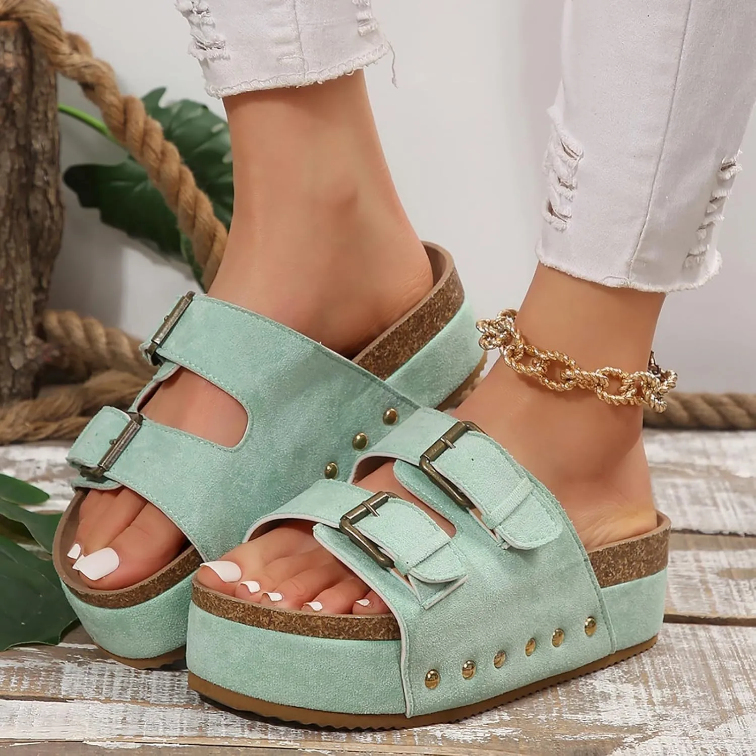 Women's Platform Slides Sandals,Comfortable Chunky Platform Slides for Women Double Buckle Adjustable Open Toe Slip On Summer Sandals