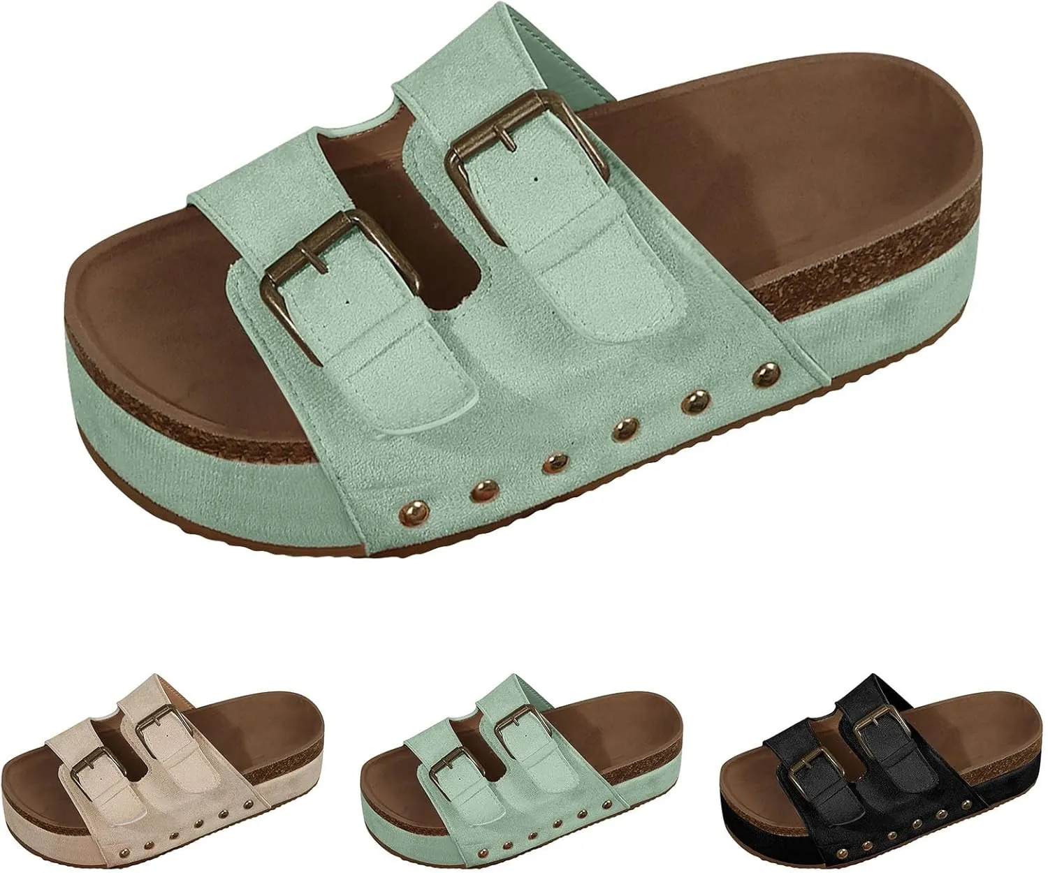 Women's Platform Slides Sandals,Comfortable Chunky Platform Slides for Women Double Buckle Adjustable Open Toe Slip On Summer Sandals