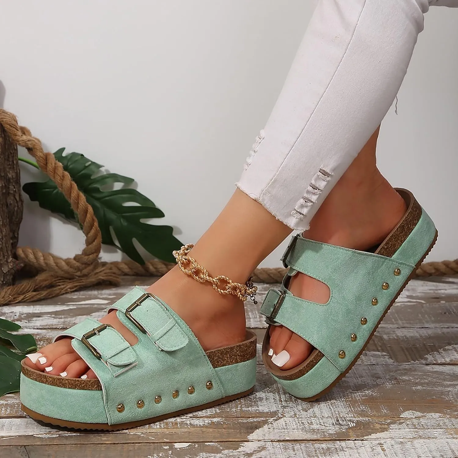 Women's Platform Slides Sandals,Comfortable Chunky Platform Slides for Women Double Buckle Adjustable Open Toe Slip On Summer Sandals
