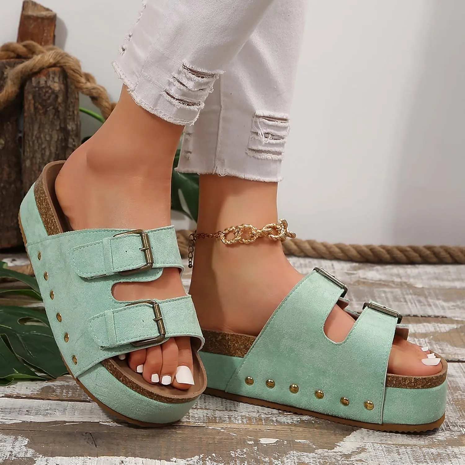 Women's Platform Slides Sandals,Comfortable Chunky Platform Slides for Women Double Buckle Adjustable Open Toe Slip On Summer Sandals