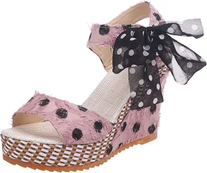 Women's Platform Wedge Sandals Polka Dot Wedge Bow Platform Sandals Elegant Floral Bow Tie Ankle Strap Shoes for Bride Wedding Christmas Halloween Party Favor