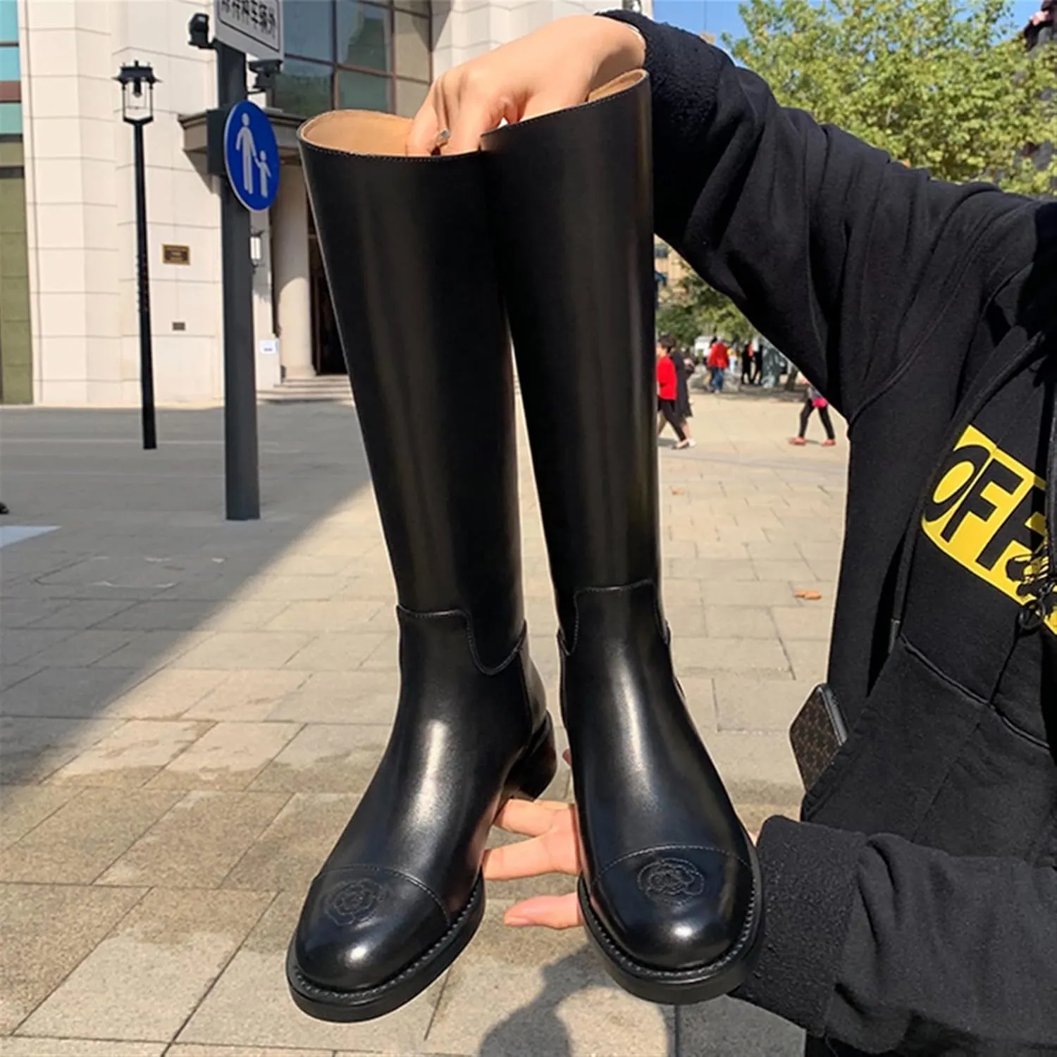 Womens Pu Leather High Boots Platform Shoes Black Winter Long Round Head Zipper Knee-high Square Heel