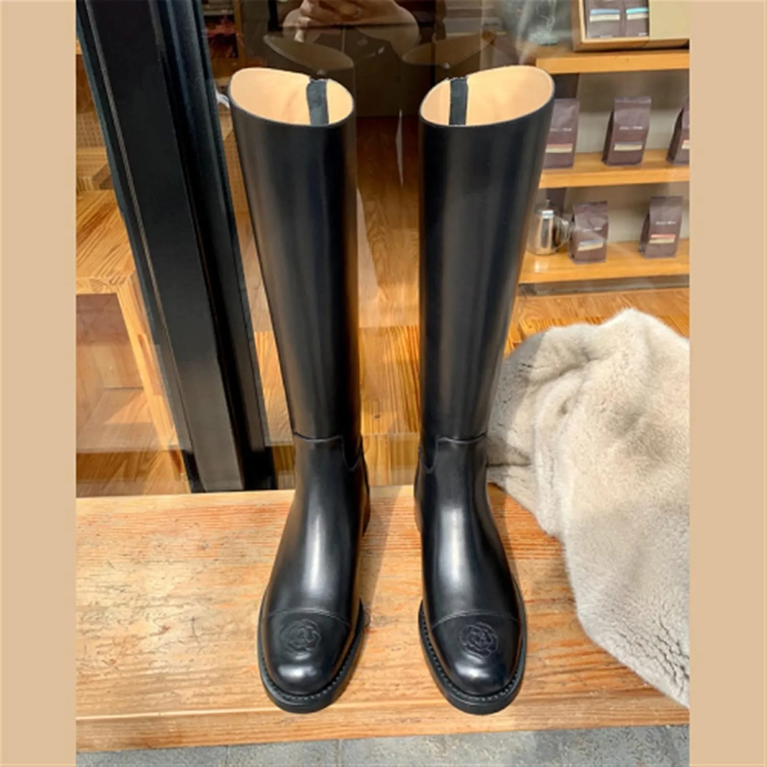 Womens Pu Leather High Boots Platform Shoes Black Winter Long Round Head Zipper Knee-high Square Heel