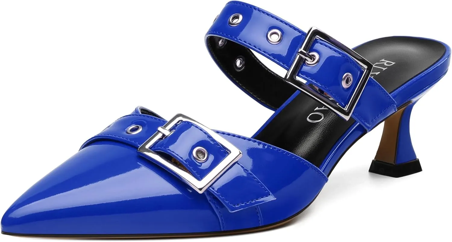 Women's Pumps, Pointed Toe Low Heel Mules for Women, Backstrap Buckle Fashion Solid Women's Mule Pumps for Daily Working Party