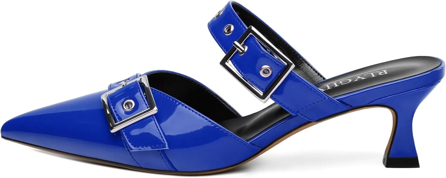 Women's Pumps, Pointed Toe Low Heel Mules for Women, Backstrap Buckle Fashion Solid Women's Mule Pumps for Daily Working Party