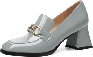 Women's Pump's, Square Toe British Style Loafers for Silver Metallic Buckle Women's Heels
