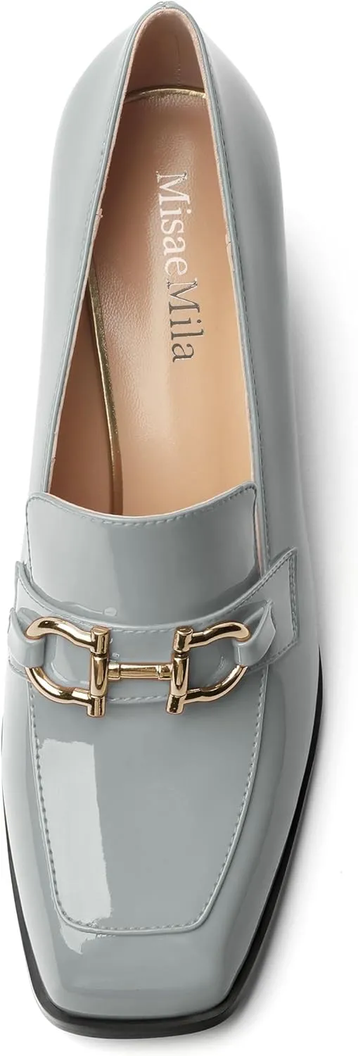 Women's Pump's, Square Toe British Style Loafers for Silver Metallic Buckle Women's Heels