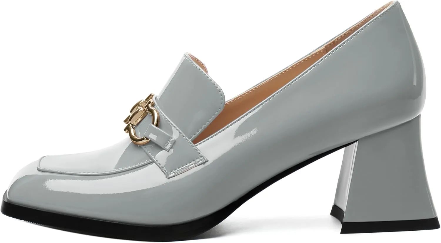 Women's Pump's, Square Toe British Style Loafers for Silver Metallic Buckle Women's Heels