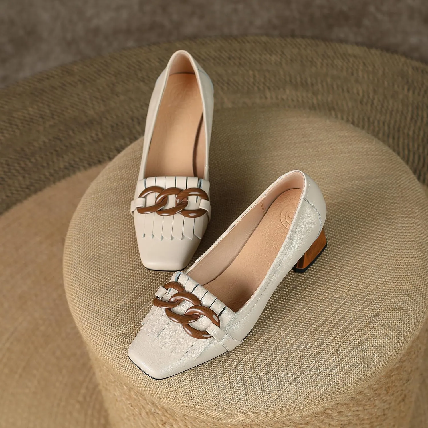 Women's Retro Loafers Shoes Genuine Leather Square Toe Heeled Loafers for Women Slip on Chunky Heel with Chain Tassels Handmade
