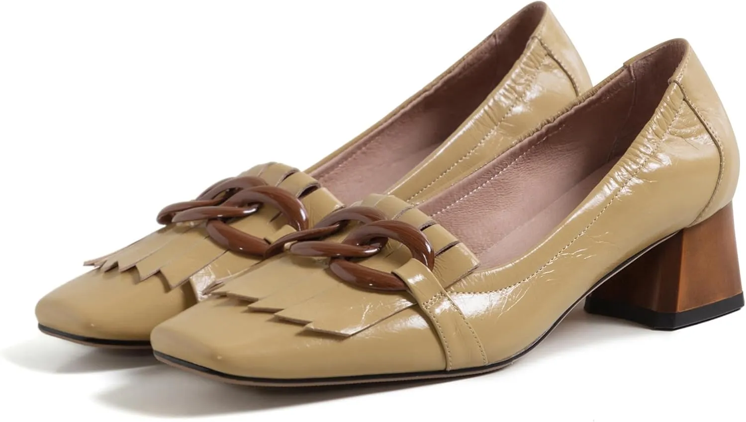 Women's Retro Loafers Shoes Genuine Leather Square Toe Heeled Loafers for Women Slip on Chunky Heel with Chain Tassels Handmade