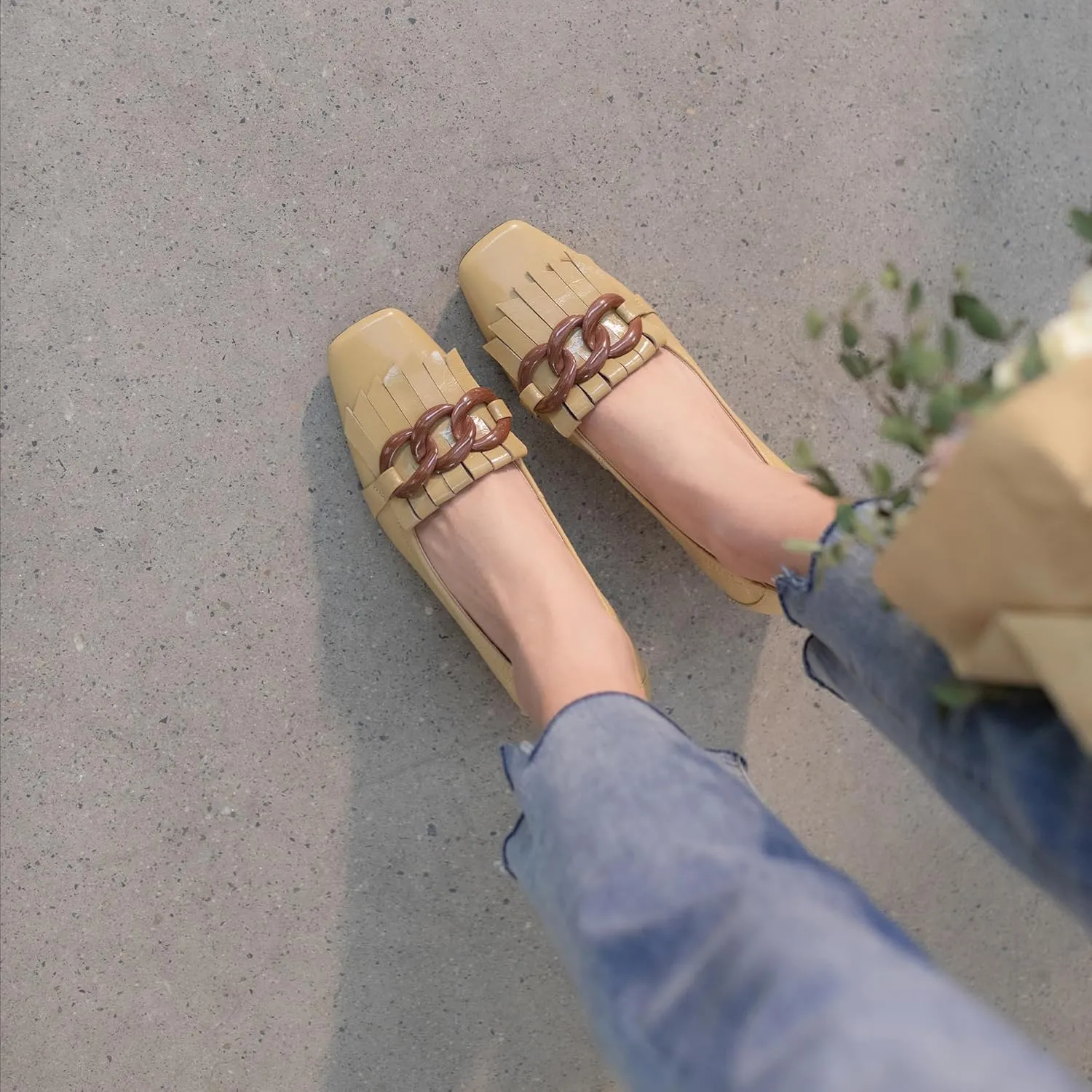 Women's Retro Loafers Shoes Genuine Leather Square Toe Heeled Loafers for Women Slip on Chunky Heel with Chain Tassels Handmade