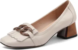 Women's Retro Loafers Shoes Genuine Leather Square Toe Heeled Loafers for Women Slip on Chunky Heel with Chain Tassels Handmade