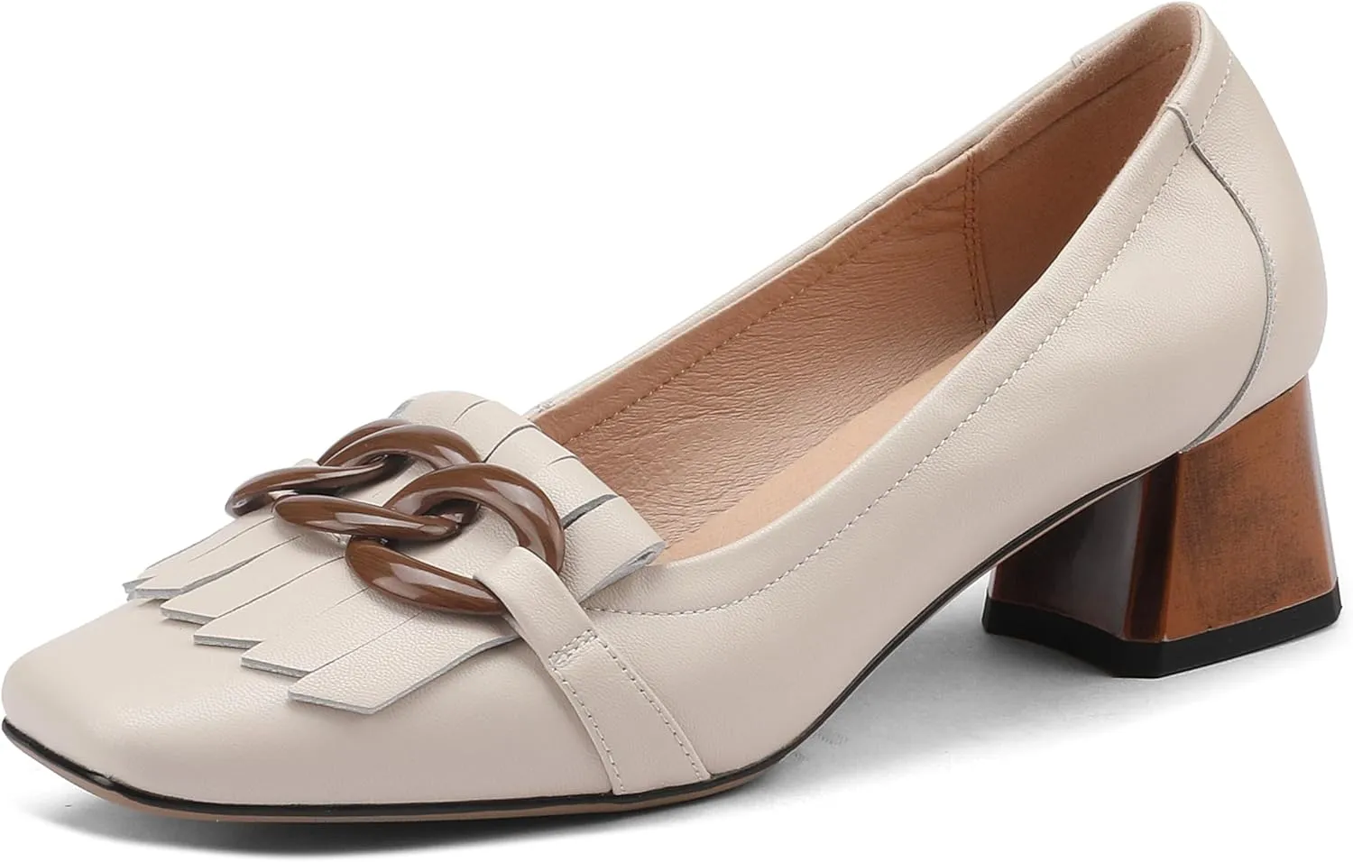 Women's Retro Loafers Shoes Genuine Leather Square Toe Heeled Loafers for Women Slip on Chunky Heel with Chain Tassels Handmade