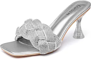 Women's Rhinestone Braided Heels Sandals Open Square Toe Stilettos Heels Clear Lucite Heeled Mules Slip On Sexy Dress Wedding High Heel Slippers