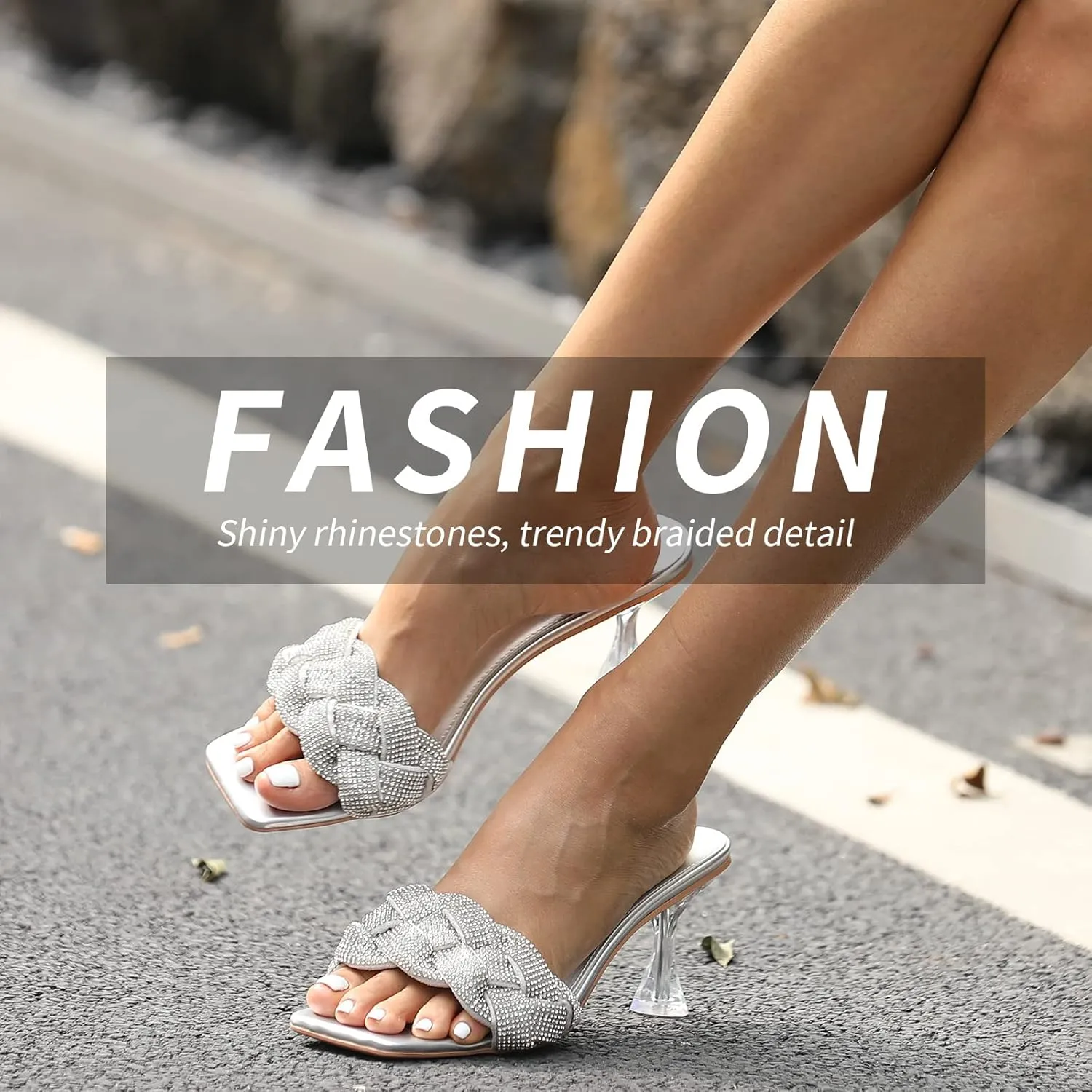 Women's Rhinestone Braided Heels Sandals Open Square Toe Stilettos Heels Clear Lucite Heeled Mules Slip On Sexy Dress Wedding High Heel Slippers