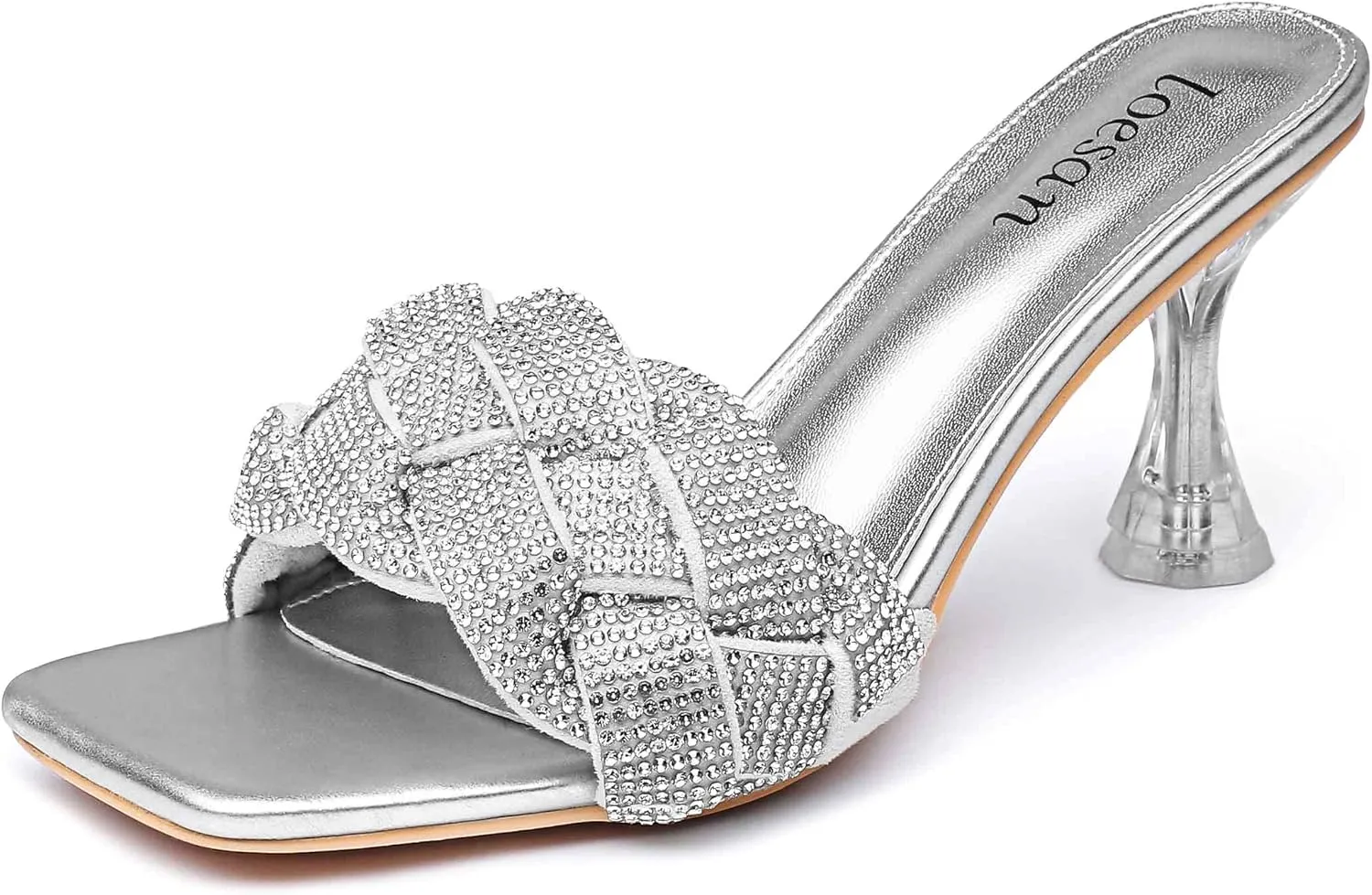 Women's Rhinestone Braided Heels Sandals Open Square Toe Stilettos Heels Clear Lucite Heeled Mules Slip On Sexy Dress Wedding High Heel Slippers