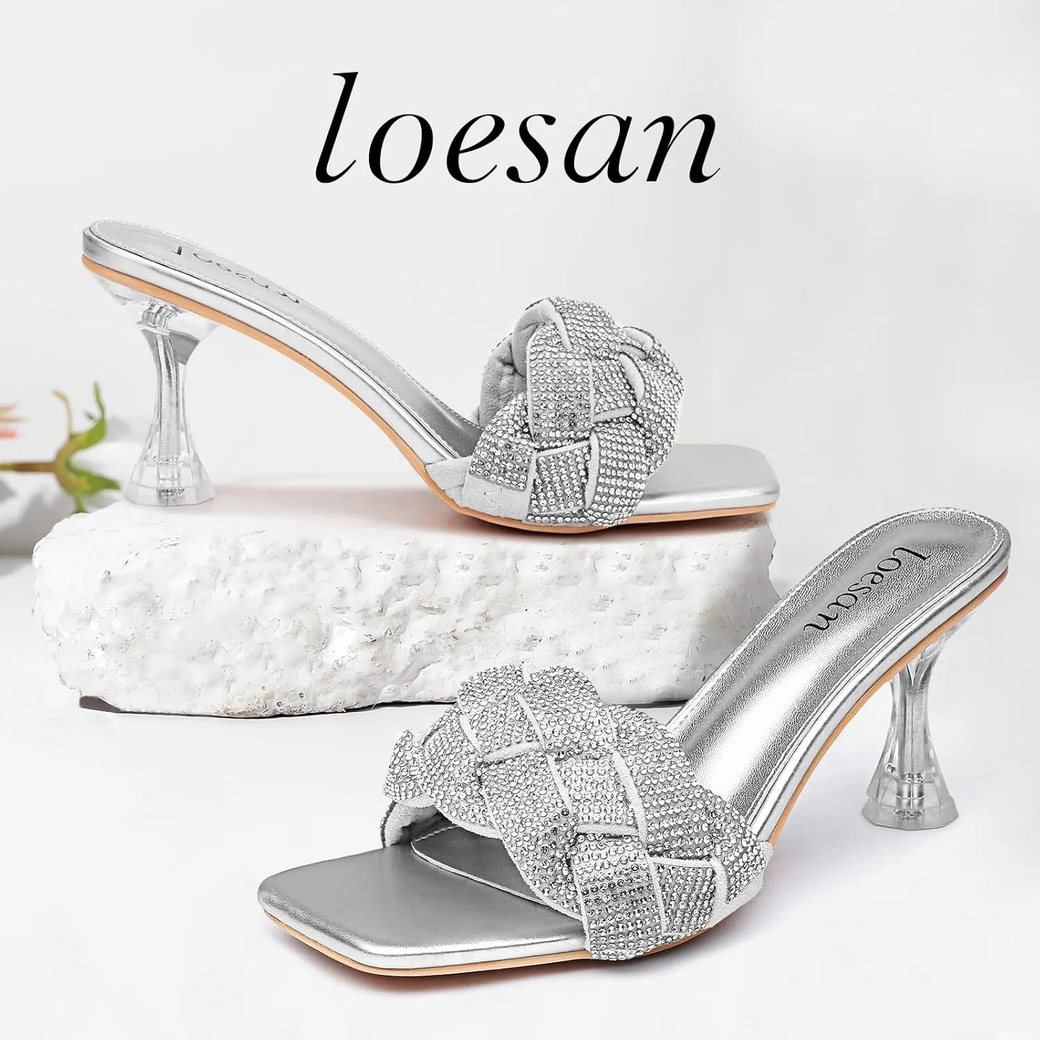 Women's Rhinestone Braided Heels Sandals Open Square Toe Stilettos Heels Clear Lucite Heeled Mules Slip On Sexy Dress Wedding High Heel Slippers