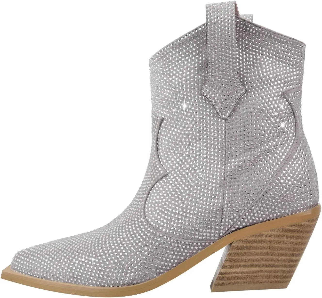 Women's Rhinestone Cowboy Ankle Booties Pointed Toe Studded Pull On Chunky Stacked Heel Cowgirl Western Boots