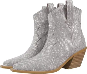 Women's Rhinestone Cowboy Ankle Booties Pointed Toe Studded Pull On Chunky Stacked Heel Cowgirl Western Boots