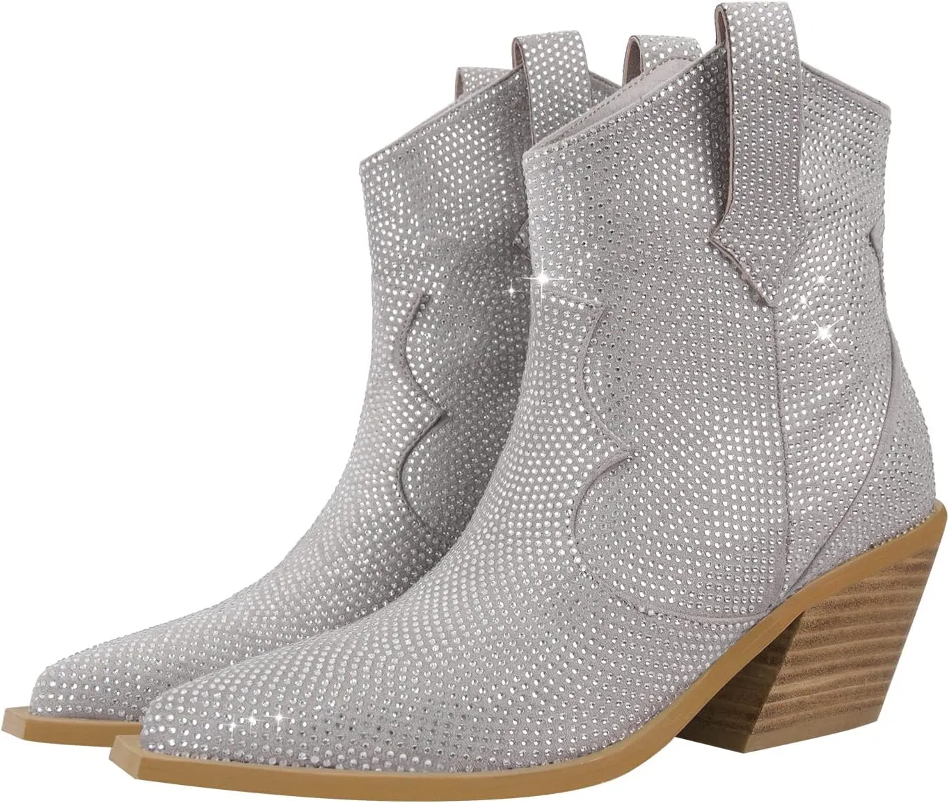Women's Rhinestone Cowboy Ankle Booties Pointed Toe Studded Pull On Chunky Stacked Heel Cowgirl Western Boots