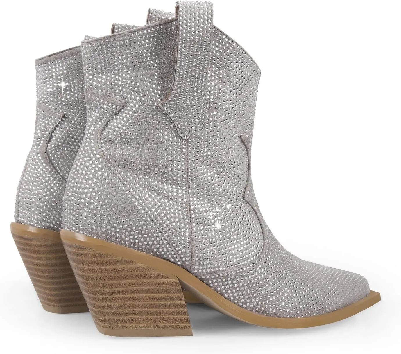 Women's Rhinestone Cowboy Ankle Booties Pointed Toe Studded Pull On Chunky Stacked Heel Cowgirl Western Boots