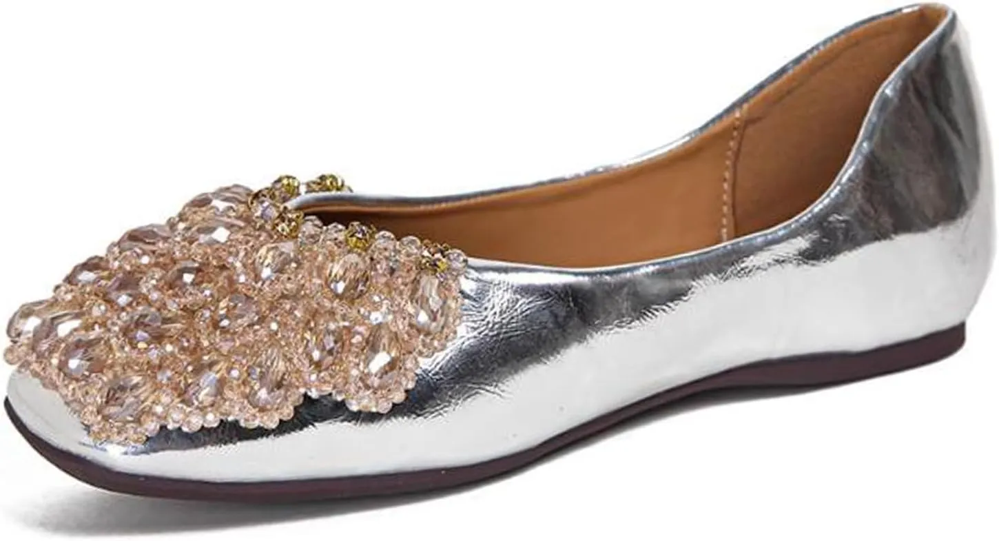 Women's Rhinestones Square Toe Ballet Flats Fashion Bling Glitter Crystal Soft Sole Comfort Slip-On Penny Loafers Elegant Casual Low Heel Wedding Dress Shoes