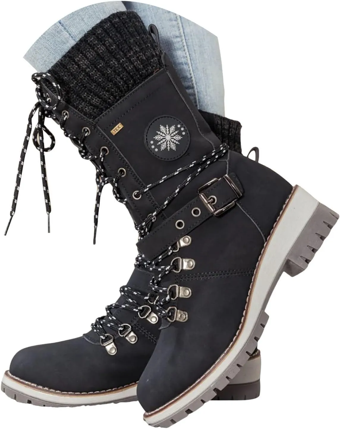 Women's Round Toe Low Heel Non-slip Lace up Mid Calf Motorcycle Side Zipper Combat Cowboy Riding Boots