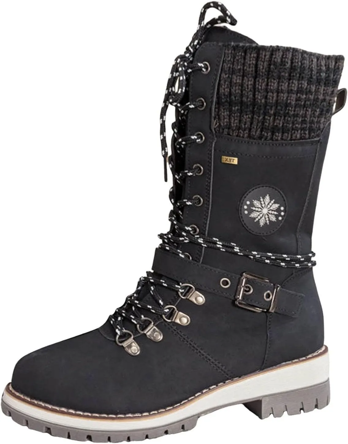 Women's Round Toe Low Heel Non-slip Lace up Mid Calf Motorcycle Side Zipper Combat Cowboy Riding Boots