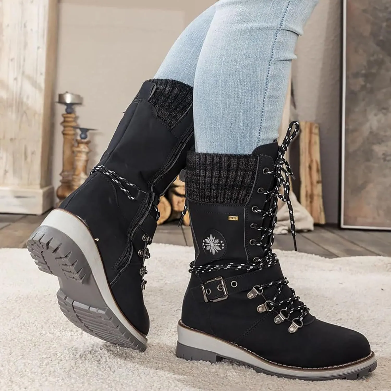Women's Round Toe Low Heel Non-slip Lace up Mid Calf Motorcycle Side Zipper Combat Cowboy Riding Boots