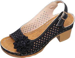 Womens Sandals Chunky High Block Heels Sandals 3D Flowers Hollow Out Vamp Shoes Open Toe Fish Mouth Shoes Adjustable Ankle Strap Buckle Slingback