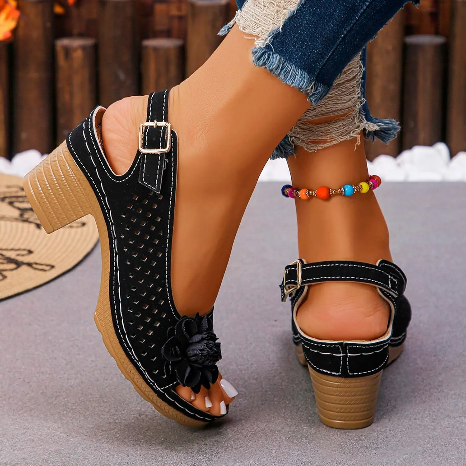 Womens Sandals Chunky High Block Heels Sandals 3D Flowers Hollow Out Vamp Shoes Open Toe Fish Mouth Shoes Adjustable Ankle Strap Buckle Slingback