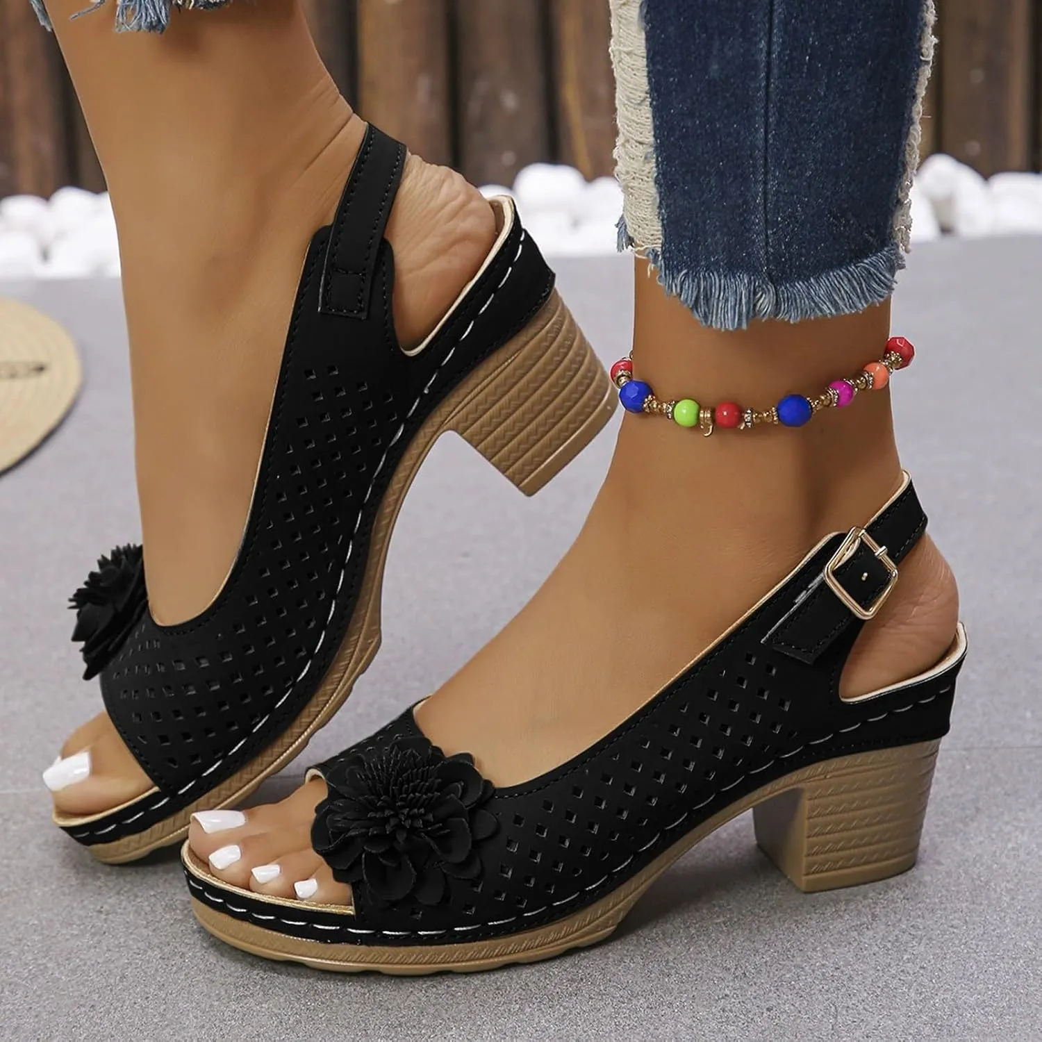 Womens Sandals Chunky High Block Heels Sandals 3D Flowers Hollow Out Vamp Shoes Open Toe Fish Mouth Shoes Adjustable Ankle Strap Buckle Slingback