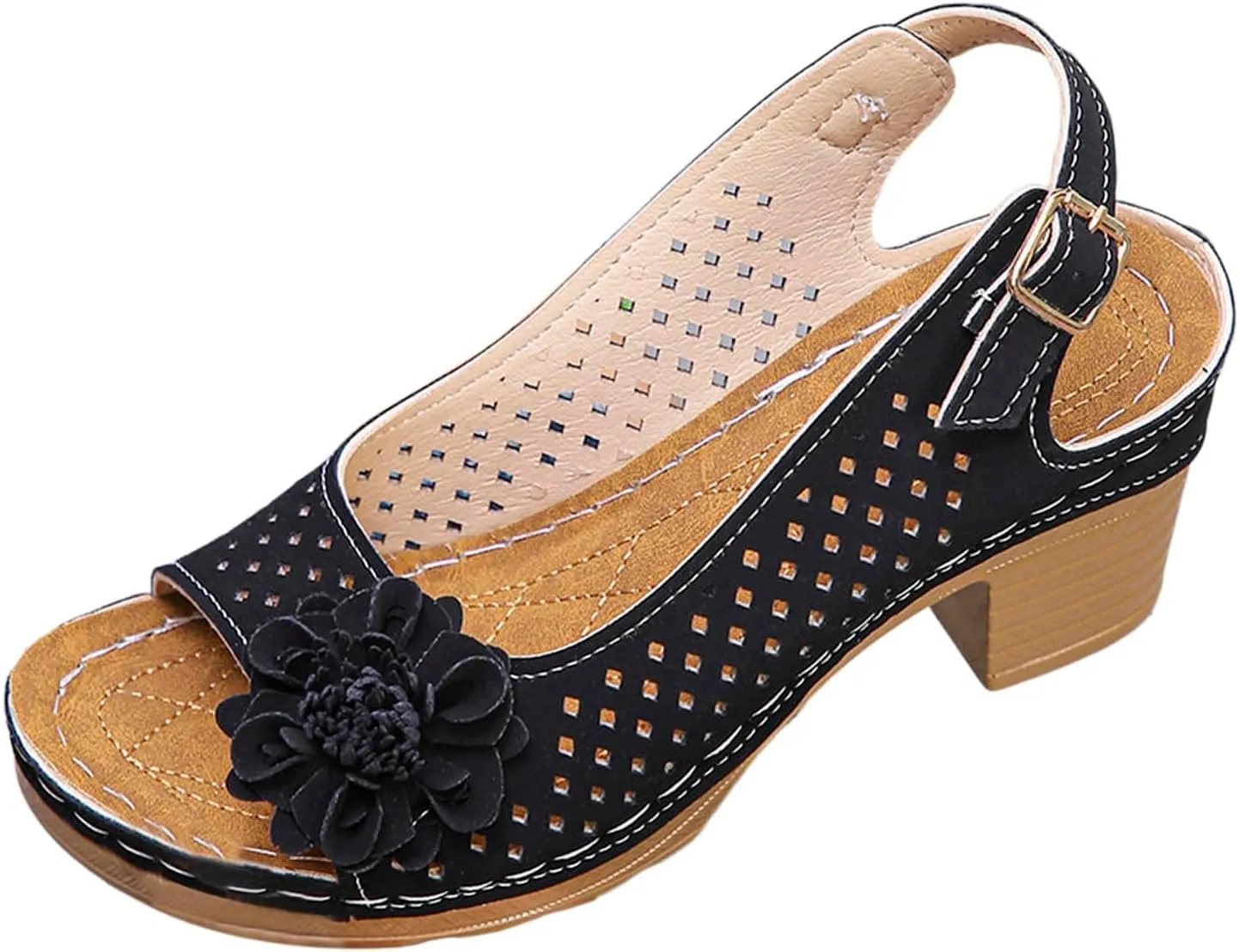 Womens Sandals Chunky High Block Heels Sandals 3D Flowers Hollow Out Vamp Shoes Open Toe Fish Mouth Shoes Adjustable Ankle Strap Buckle Slingback