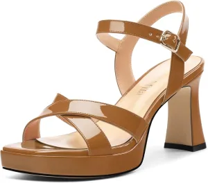 Women's Sandals Chunky High Heel - Adjustable Ankle Strap Open Toe Spool Heels Cross Toe Strap Prom Party Dress Pumps with Buckle