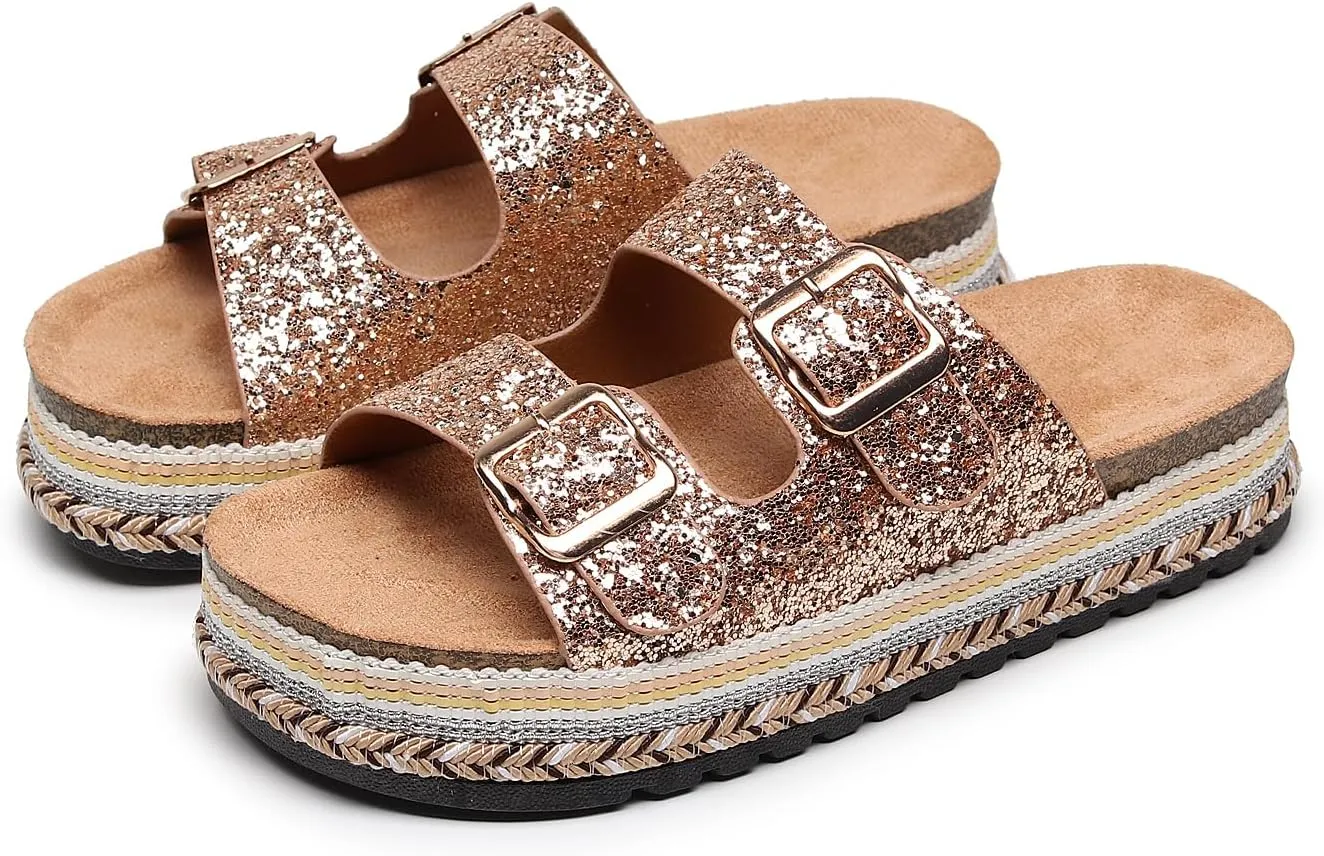 Womens Sandals Cork Footbed Slide Comfortable Summer Beach Shoes Platform Suede Leather with Arch Support Slippers Adjustable Buckle Rubber Sole