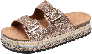 Womens Sandals Cork Footbed Slide Comfortable Summer Beach Shoes Platform Suede Leather with Arch Support Slippers Adjustable Buckle Rubber Sole