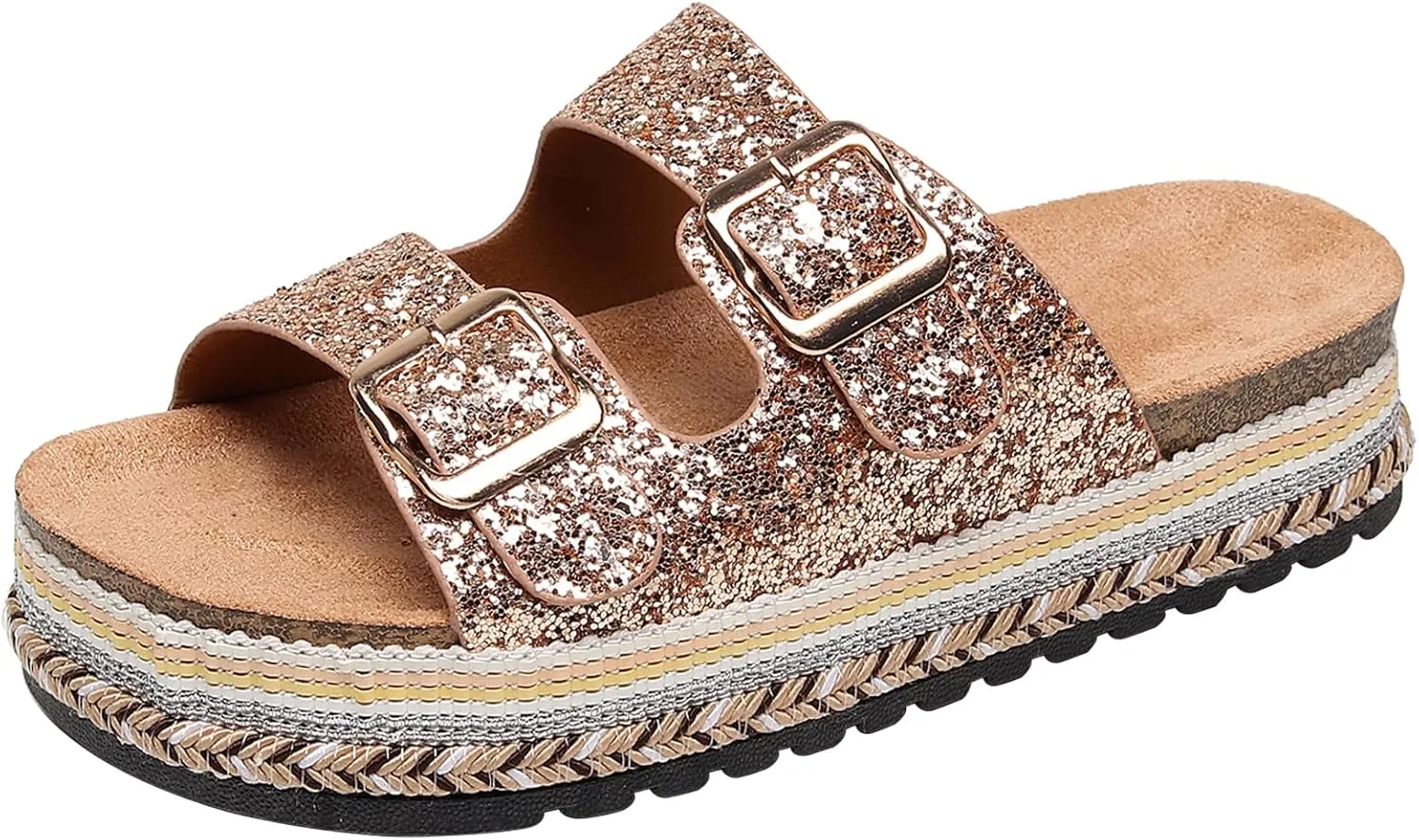 Womens Sandals Cork Footbed Slide Comfortable Summer Beach Shoes Platform Suede Leather with Arch Support Slippers Adjustable Buckle Rubber Sole