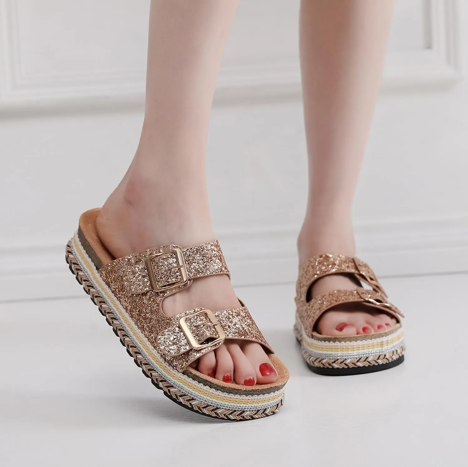 Womens Sandals Cork Footbed Slide Comfortable Summer Beach Shoes Platform Suede Leather with Arch Support Slippers Adjustable Buckle Rubber Sole