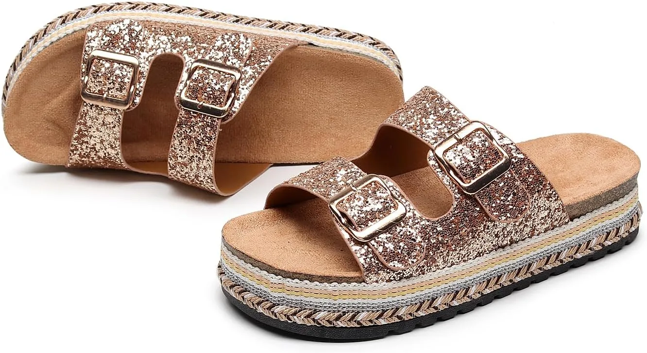 Womens Sandals Cork Footbed Slide Comfortable Summer Beach Shoes Platform Suede Leather with Arch Support Slippers Adjustable Buckle Rubber Sole
