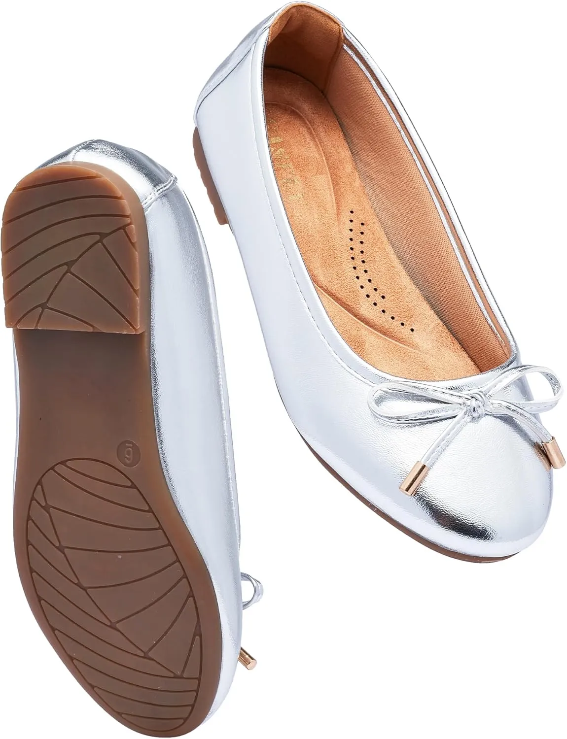 Women's Shine Ballet Bow Dressy Flats Round Toe Slip On Foldable Flats Dress Work Shoes for Business Casual Office