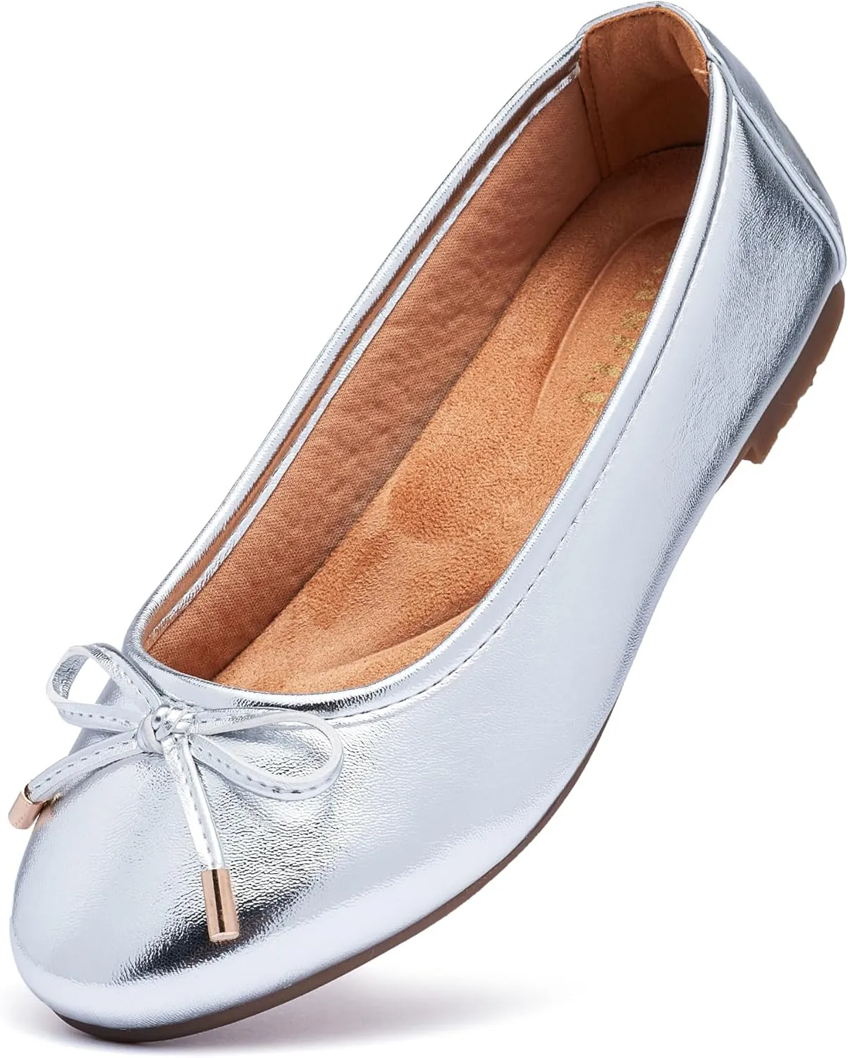 Women's Shine Ballet Bow Dressy Flats Round Toe Slip On Foldable Flats Dress Work Shoes for Business Casual Office