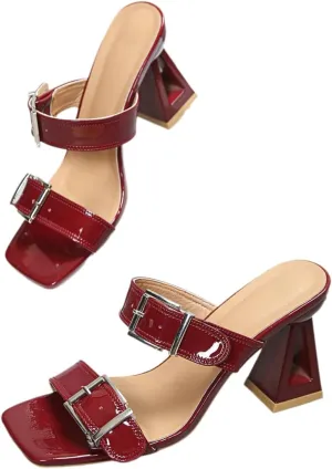 Women’s Silver Heeled Sandals – Square Toe Slip-On Mules with Chunky Geometric Heel & Double Buckle Straps – Metallic High Heel Dress Shoes for Party, Night Out, Fashion Street Style