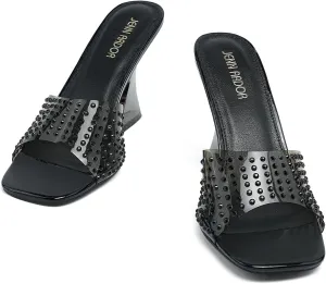 Women’s Slides Sandals Transparent Trendy Clear Mid Heel Sandals Slip On Shoes Chunky Summer Slides Mules Dress Square Toe Backless Comfy