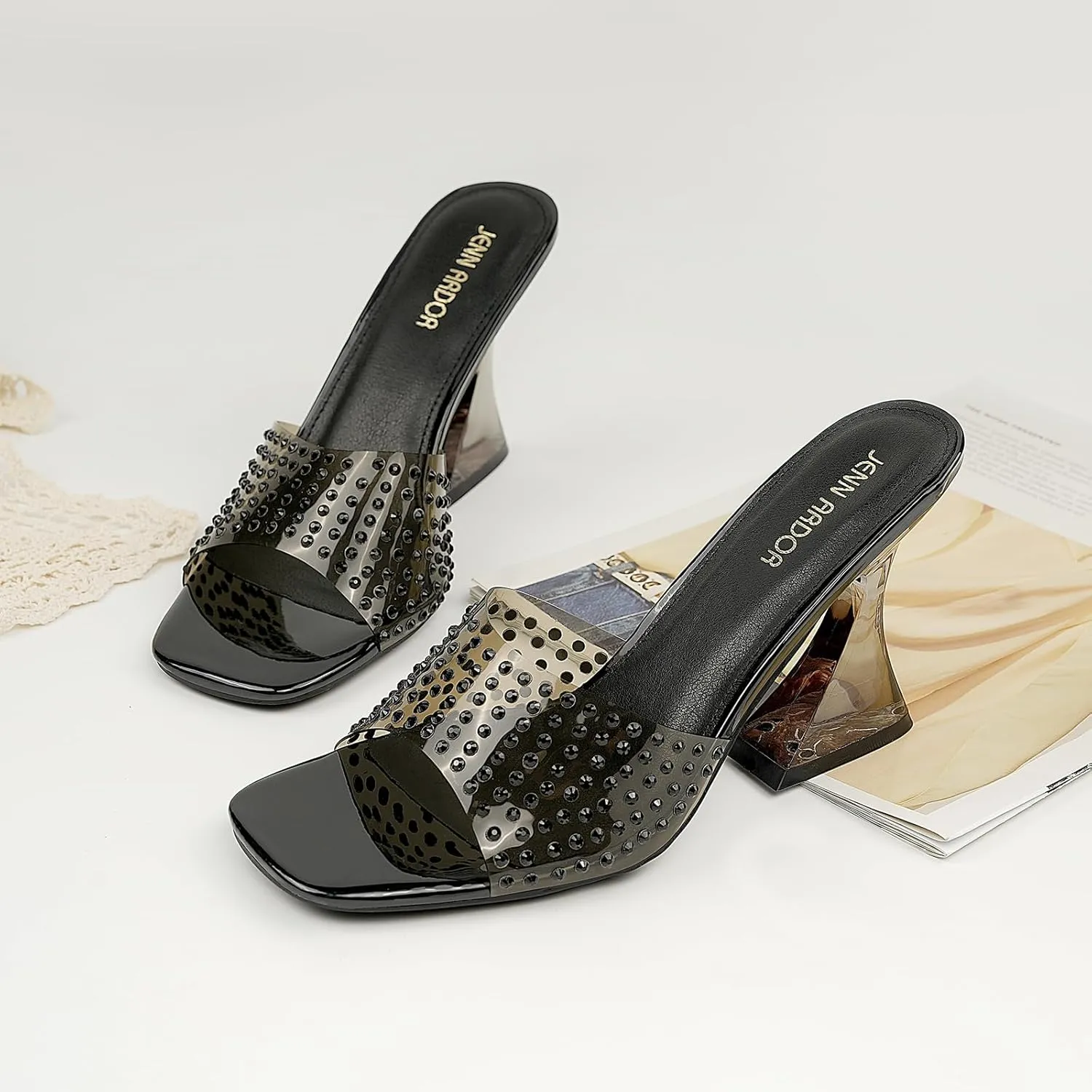 Women’s Slides Sandals Transparent Trendy Clear Mid Heel Sandals Slip On Shoes Chunky Summer Slides Mules Dress Square Toe Backless Comfy