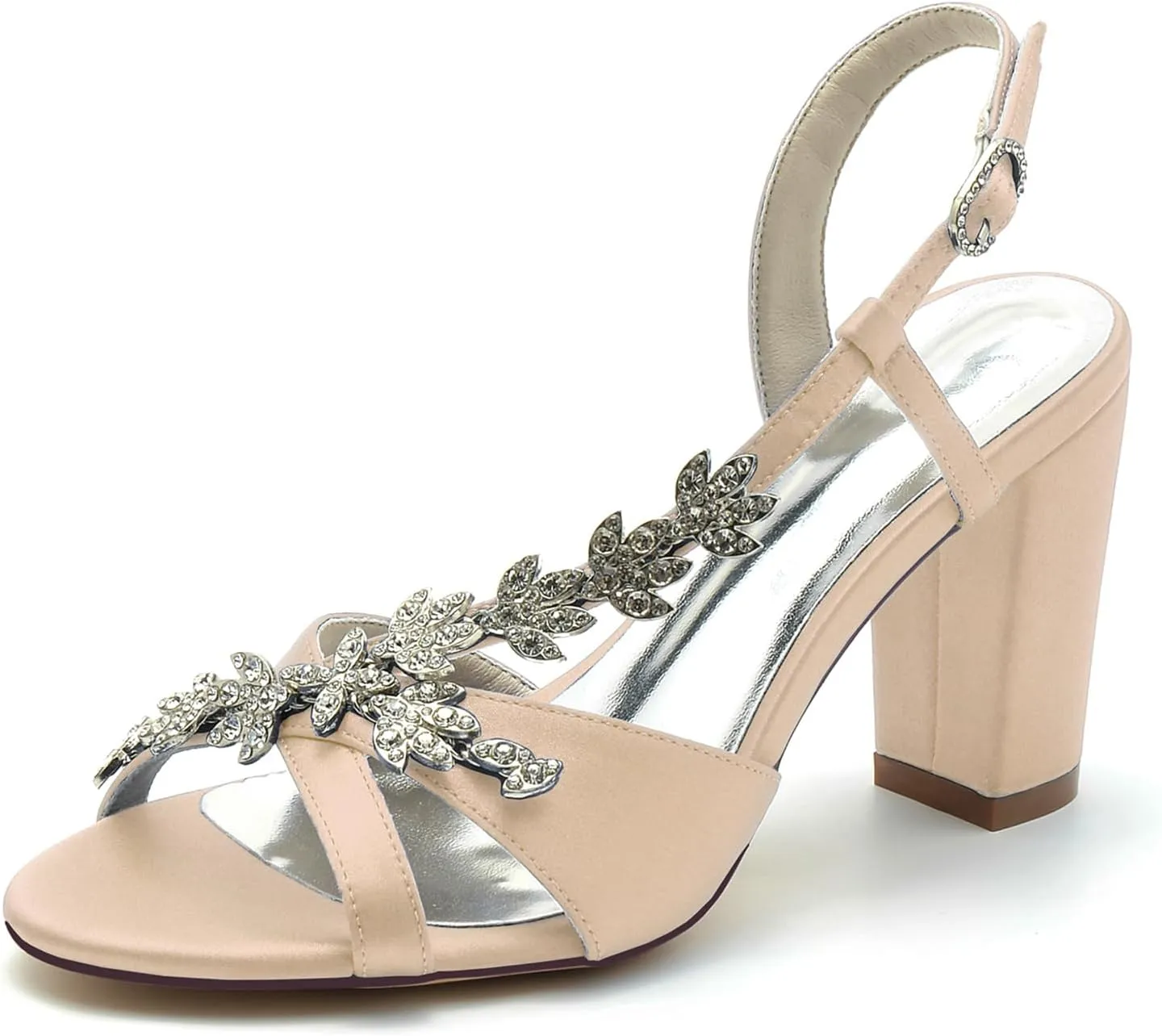 Women's Slingback Court Shoes Satin Rhinestones Block Heel Bridal Pumps Closed Toe Wedding Dress Sandals
